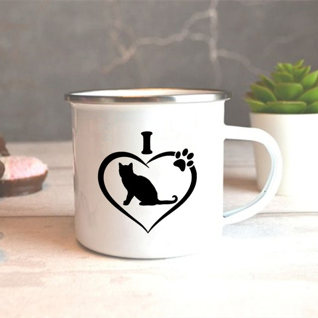 I Love My Cat Print Creative Coffee Tea Enamel Mugs