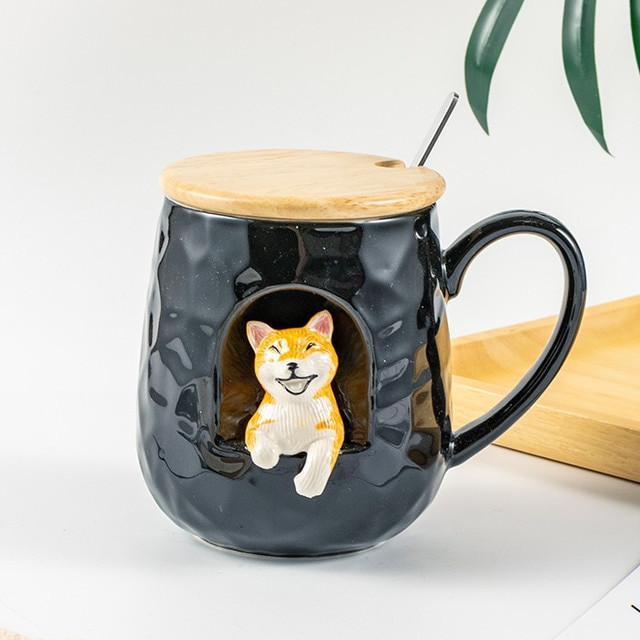Cute Animals Ceramics Mug Wood With Lid and Spoon