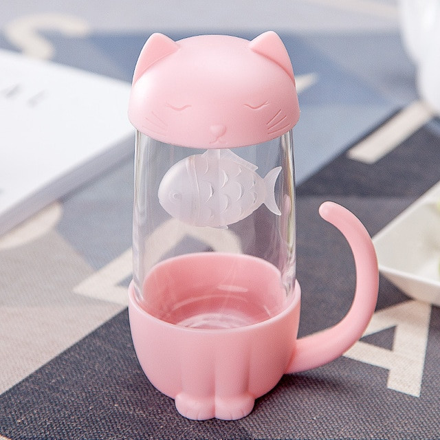 Cute Cat and Dog Glass Tea Mugs With Fish Infuser Strainer Filter