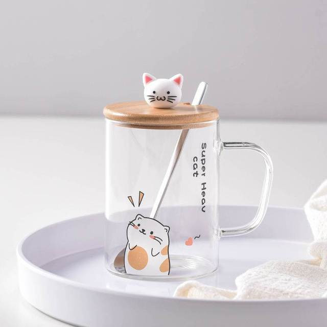 400ml Cute Cat Glass Mug With Spoon and Lid