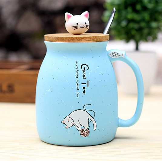 450ml Cartoon Ceramics Cat Mug With Lid and Spoon