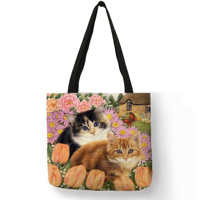Cute Cat Flower Painting Print Women Designer Tote Bags