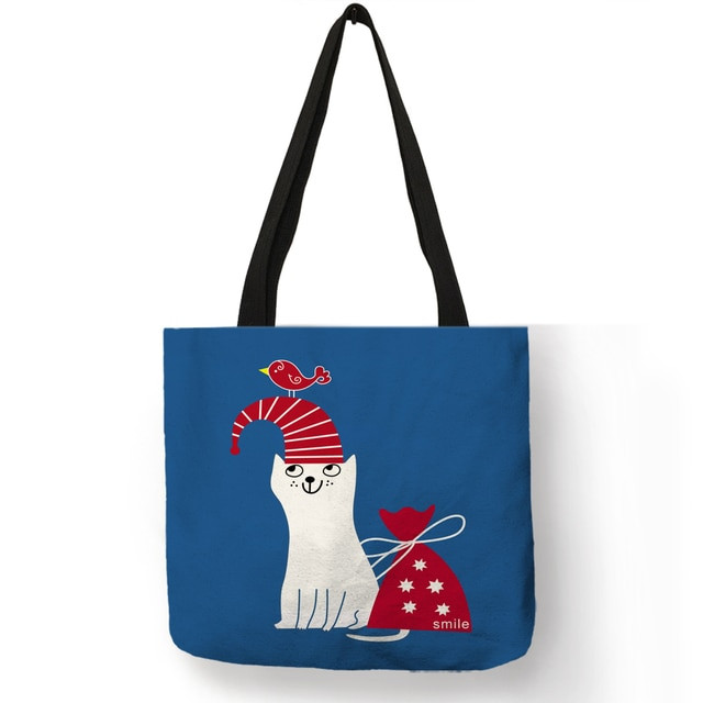 Folding Reusable Cartoon Animal Cat Print Tote Bag For Women