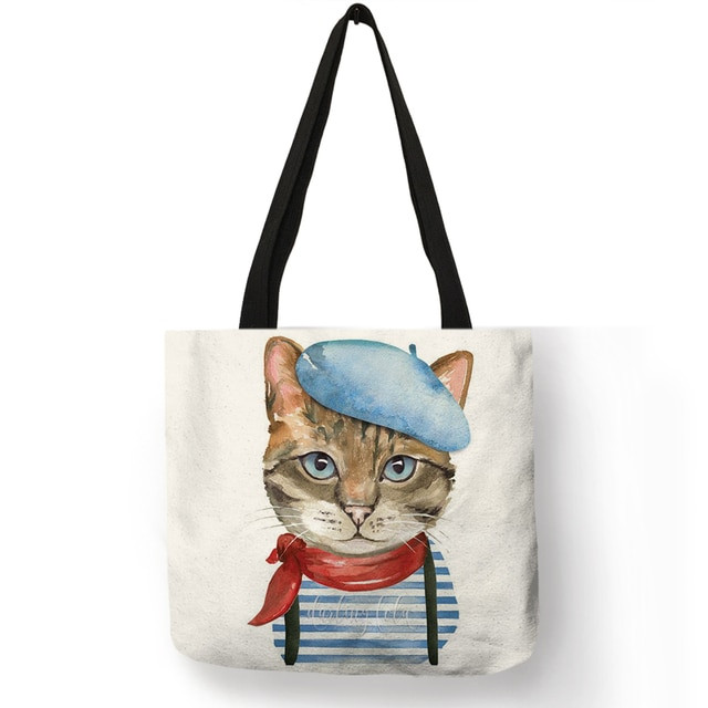 Cute Cat Print Reusable Shopping Tote Bag For Woman