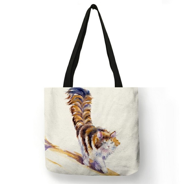 Cute Watercolor Pastoral Cat Painted Cloth Tote Bags