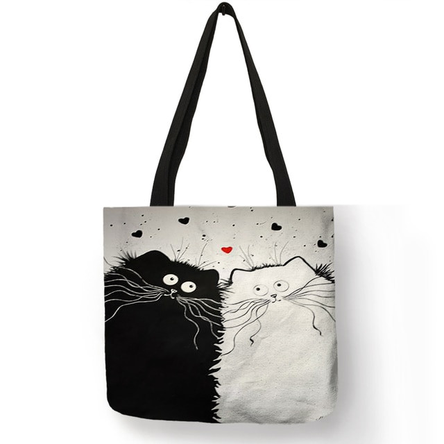 White Black Cat Printing Linen Tote Bags