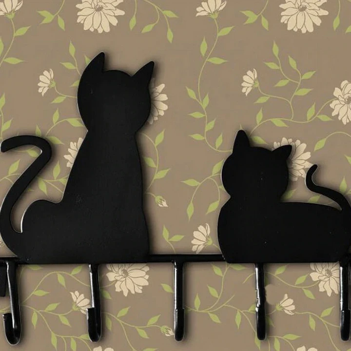Black Cats Wall Mounted 5 Key Hooks Metal Hanger Rack
