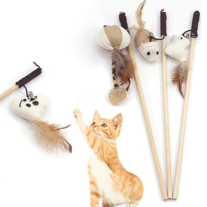 1pc Multicolored Wooden Interactive Cat Wand With Feather, Bell, Mouse Toys,  Relieving Boredom And Entertaining Cat (random Color)