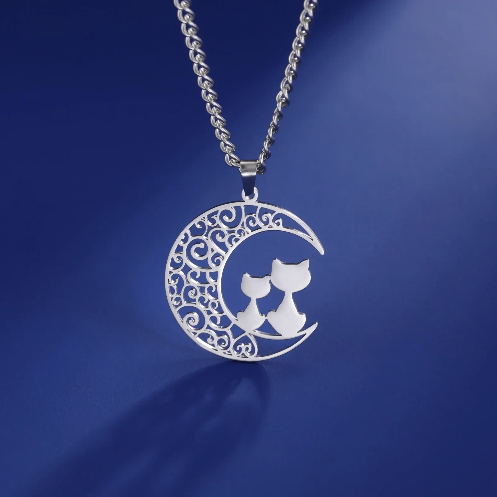 Stainless Steel Cat & Moon Necklace