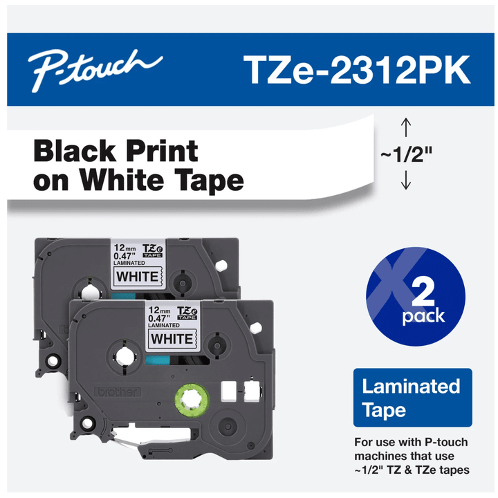 Brother P-Touch TZe Standard Adhesive Laminated Labeling Tapes, 1/2w, Black on White, 2 ct.