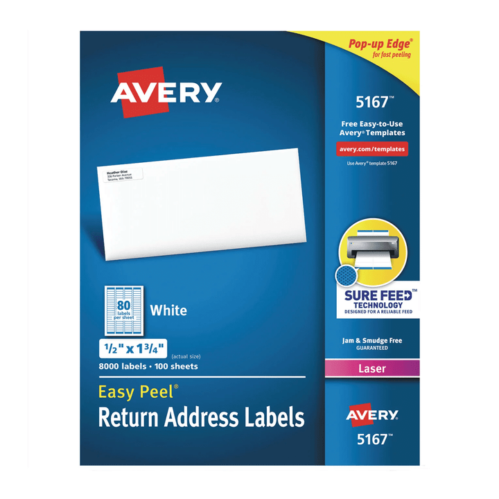 Avery Easy Peel White Address Labels w/ Sure Feed Technology, Laser Printers, 0.5 x 1.75, White, 80/Sheet, 100 Sheets/Box