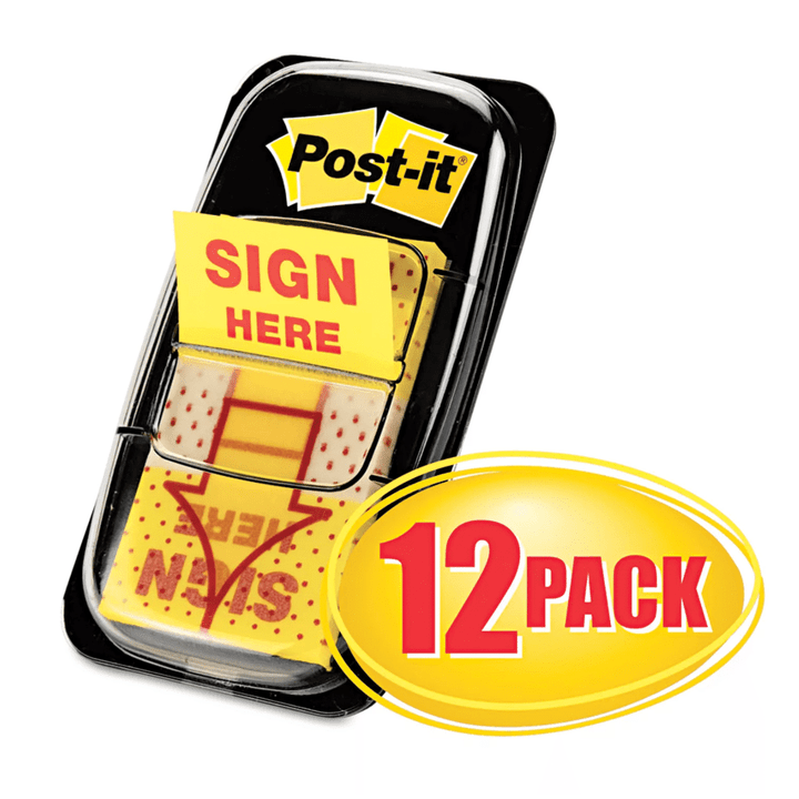 Post-it Flags, Flags in Dispenser, "Sign Here", Yellow, 12 50-Flag Dispensers/Pk