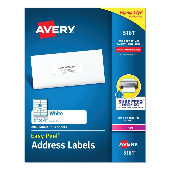 Avery Easy Peel White Address Labels w/ Sure Feed Technology, Laser Printers, 1 x 4, White, 20/Sheet, 100 Sheets/Box