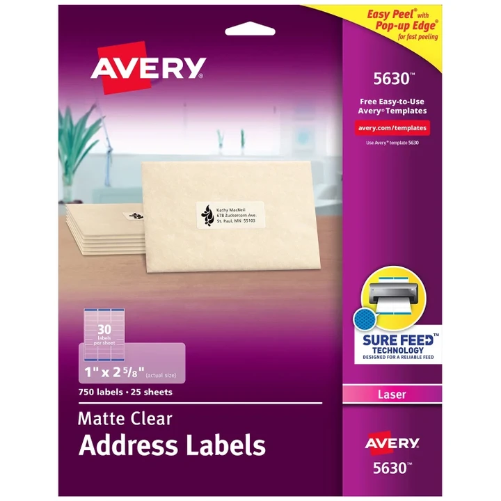 Avery Matte Clear Easy Peel Mailing Labels With Sure Feed Technology, Laser Printers, 1 x 2.63, Clear, 30/Sheet, 25 Sheets/Box