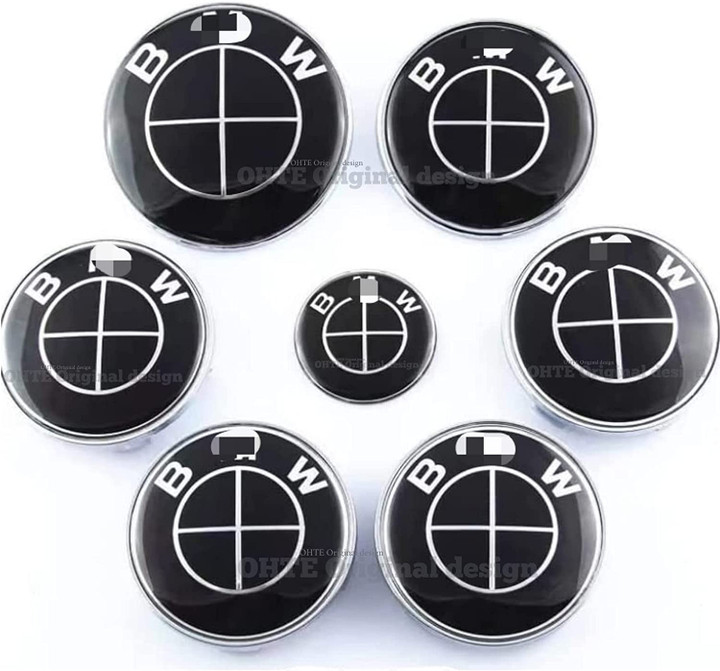 7pcs Emblem Black Center Wheel Caps: Black Emblem 4pcs Wheel Center Caps 68mm, 1pcs Hood Emblem 82mm, 1pcs Trunk Logo 74mm, 1pcs Steering Wheel Decal 45mm