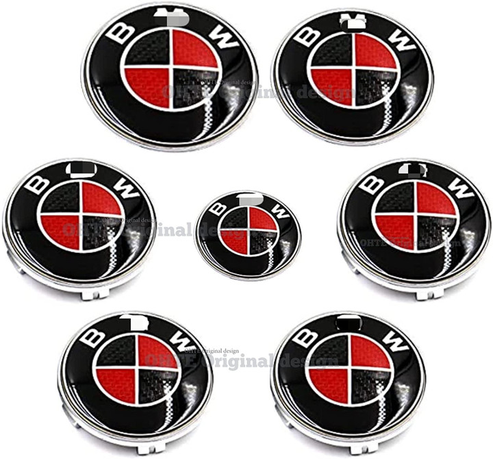 7pcs Emblem Black Center Wheel Caps: Carbon Fiber Black & Red Emblem 4pcs Wheel Center Caps 68mm, 1pcs Hood Emblem 82mm, 1pcs Trunk Logo 74mm, 1pcs Steering Wheel Decal 45mm(Black and Red)