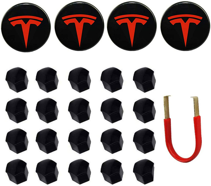 Tesla Model 3 Y S X Wheel Cap Kit Center Cap Lug Nut Cover (4 Hub Center Cap + 20 Lug Nut Cover) Red Tesla Accessories