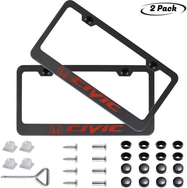 2 Pack Car License Plate Frame for Honda Civic, Stainless Steel Auto Plate Frames Frames to Protect Plates,with Screw Caps Cover Set Suit，Applicable to US Standard car License Frame