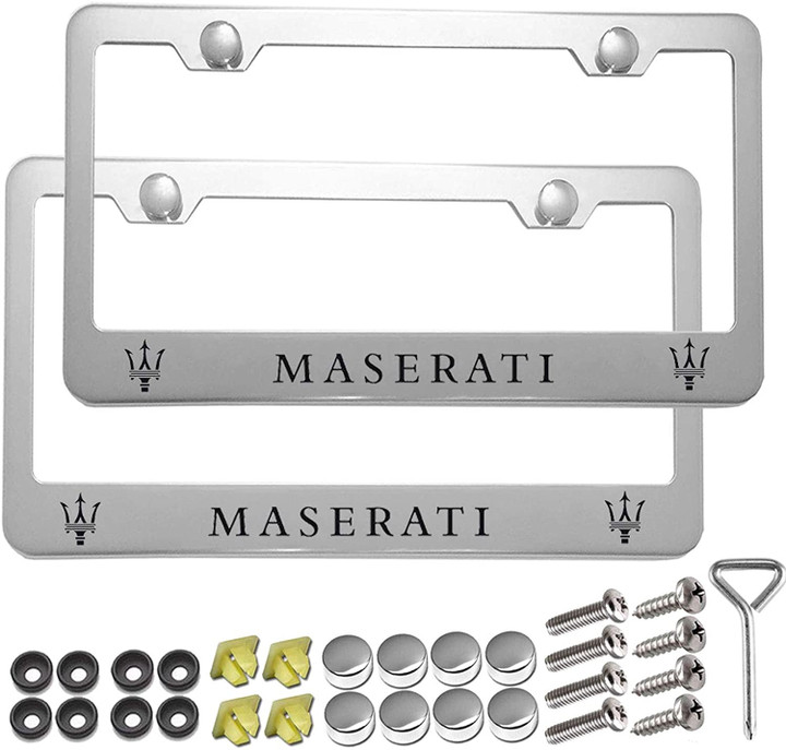 2 Pcs Stainless Steel Black License Plate Frame,Newest Car Licenses Plate Covers Holders Frames for Car Plates with Screw Caps Fit Car Accessories (FIT MASERATI-Silver)