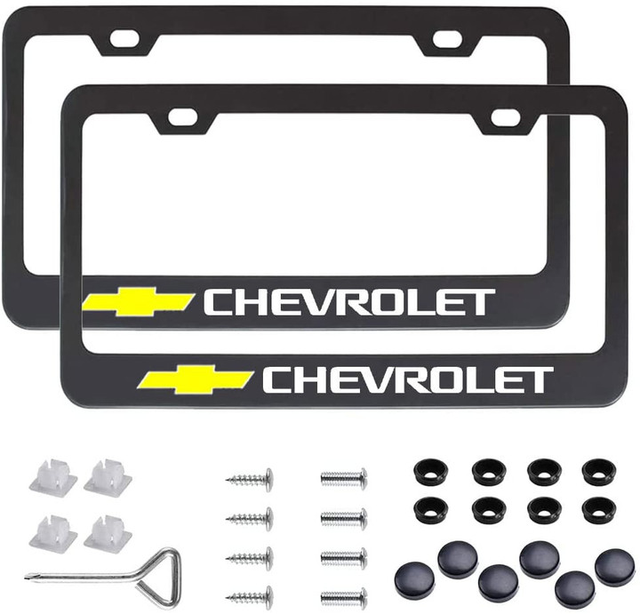 2 Pcs Stainless Steel Black License Plate Frames for Chevy,Newest Car Licenses Plate Covers Holders Frames for Car Plates with Screw Caps Fit Car Accessories