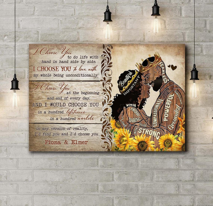 Custom Name I Choose You Black Couple Love African Sunflower Canvas Wall Art