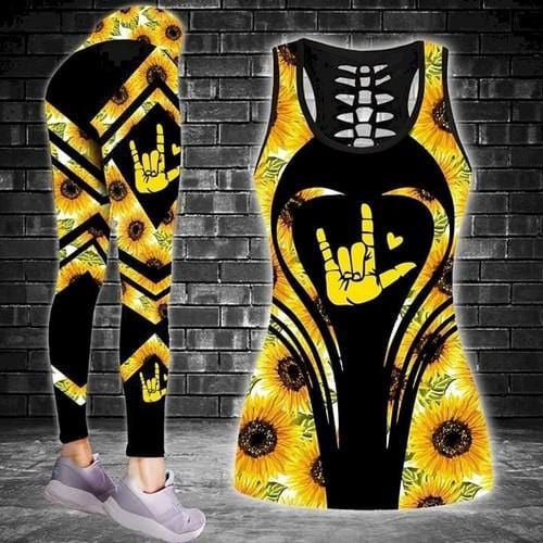 Gift for Mother Hand Sign Hippie Sunflower Hollow Tank Top- Legging 3D Print