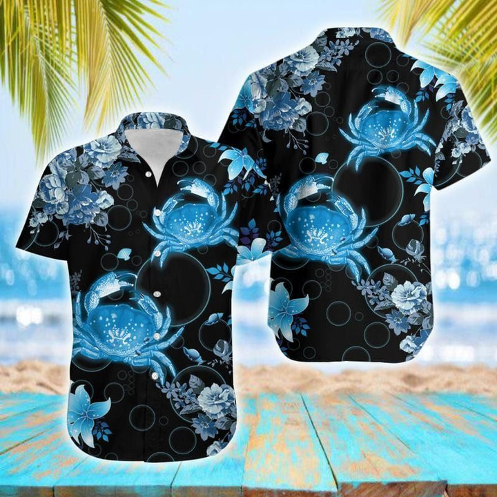 Blue Crab Tropical Black Unisex Hawaiian Aloha Shirts