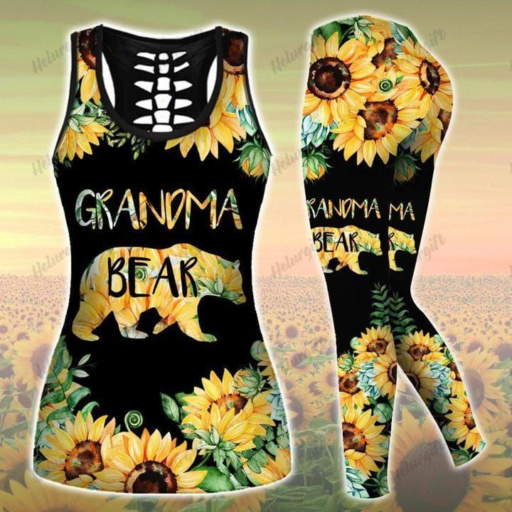 Gift for Mother Grandma Bear Sunflower Black Hollow Tank Top - Legging 3D All Over Print
