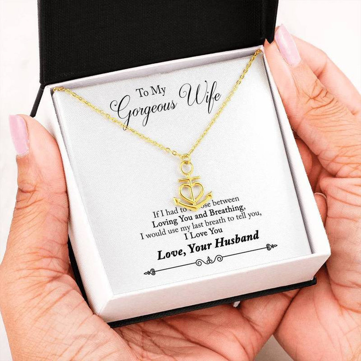 To My Gorgeous Wife from Husband Steel with on Demand Message Card Anchor Necklace Steel/Gold Chain, Best Gift Idea, Christmas gifts, Birthday gift