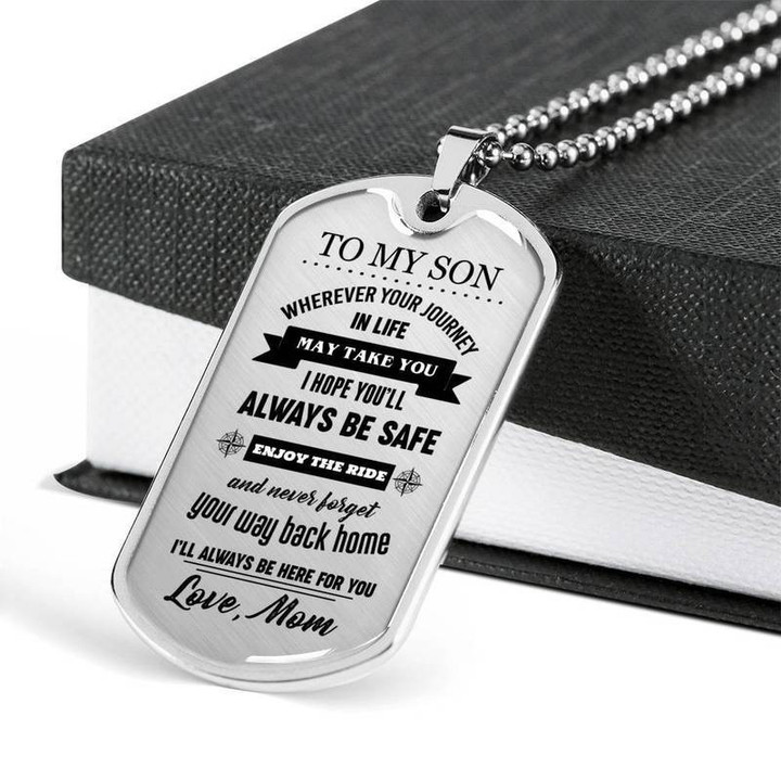 To My Son Enjoy The Ride Love Mom Dog Tag Necklace Gift for Christmas, Gift idea for family,Jewelry Made in US
