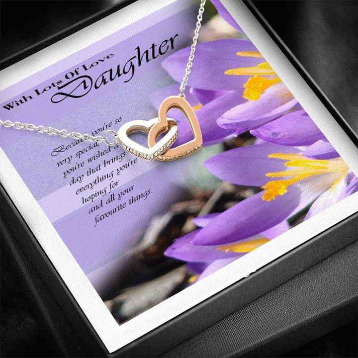 Daughter purple crocus Birthday Card Interlocking Heart Necklace Steel/ Gold Chain, Best Gift Idea, Christmas gifts