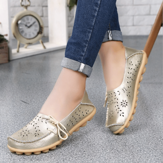 Women's Genuine Leather Hollow Slip On Orthopedic Wide-Fit Moccasin