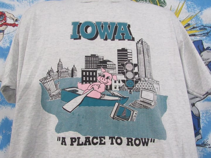 Vintage Iowa   A Place To Row   Single Stitch Graphic Tee   Sz   Poly Soft   Rowing Pig Hawkeyes Shirt 80s 90s
