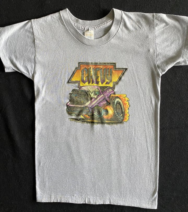 70s Chevy Old School Glitter Iron On Heat Transfer Faded Light Gray Blue T Shirt Soft And Worn Thin Classic Car Iconic Theme Xx