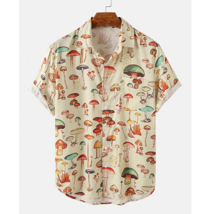 Summer Men's Short-sleeved Hawaiian Shirt Casual Lapel Colorful Element Mushroom Pattern 3D Print Button Trend Summer