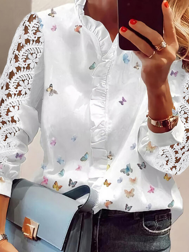 Butterfly Print V-Neck Long Sleeves Casual Blouse