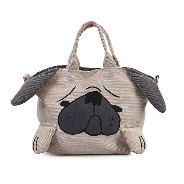 Cute Animal Handbags For Women Casual Travel Large Capacity Totes Shoulder Bags Pug Dog Corduroy Messenger Bag Feminine Bolsas