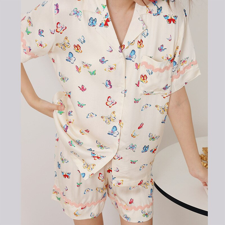 Autumn Pajamas Women's Cute Sweet Butterfly Printed Long-Sleeved Trousers Loungewear Suit Two-Piece Sleepwear Women Clothes