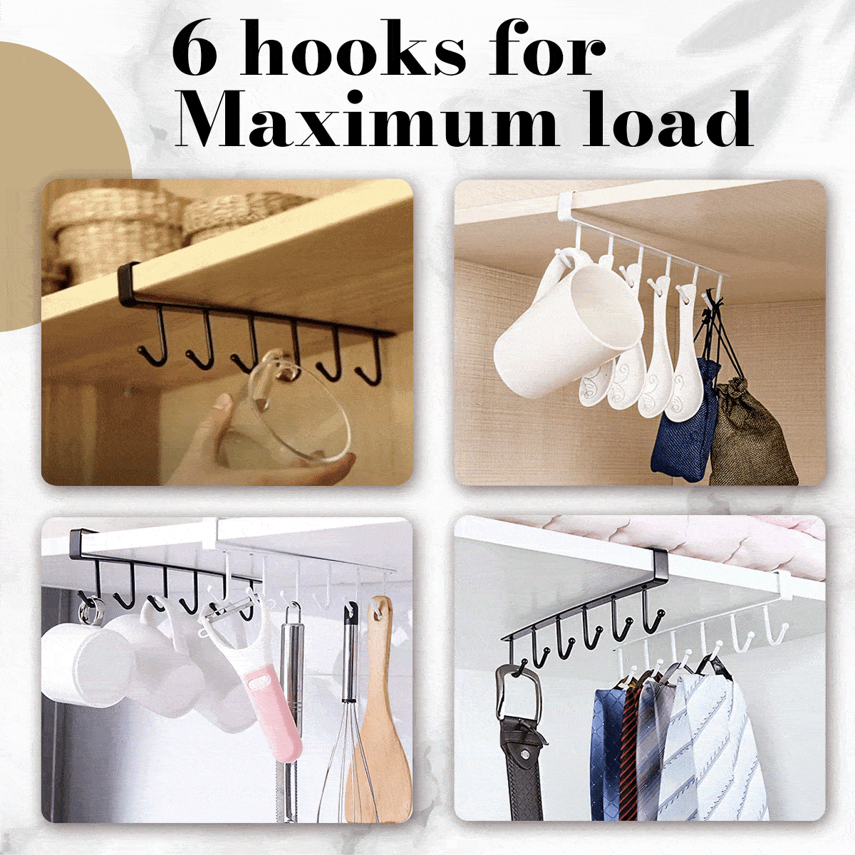 6 Hooks Storage Shelf Wardrobe Under Cabinet Shelves Mug Cup Hanger
