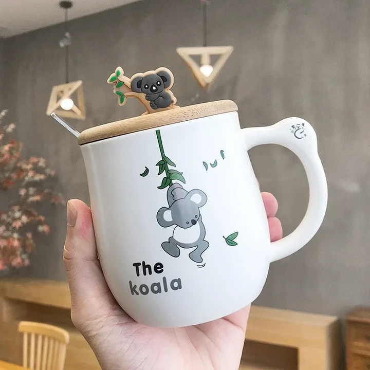 Cartoon Animal Wooden Lid Koala Ceramic Cup
