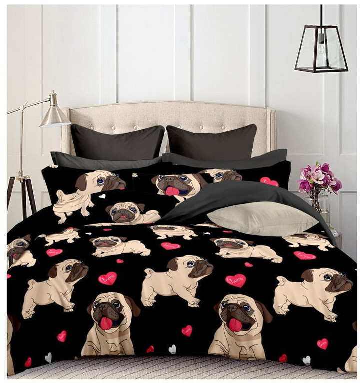 Home Black Pug Printed Bedding Sets Heart Dog Duvet Cover Pillowcase Double Queen Quilt Cover Bed Set
