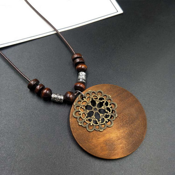 Ethnic Round Wooden Leaf Owl Long Sweater Chain Necklace Women Retro Clock Pendant Female Jewelry Neck Accessories Gift Collar