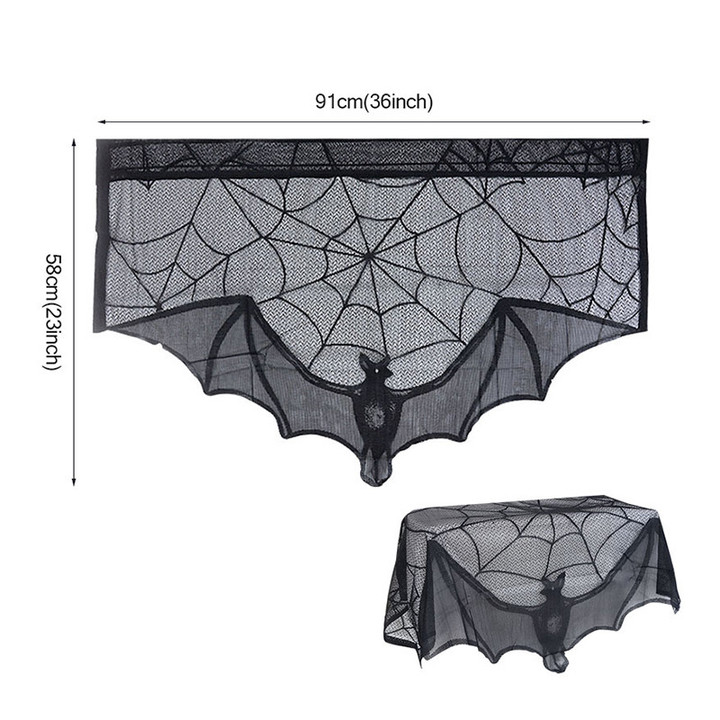 Halloween Bat Table Runner Black Spider Web Lace Tablecloth Fireplace Curtain for Halloween Party Home Decoration Horror Props