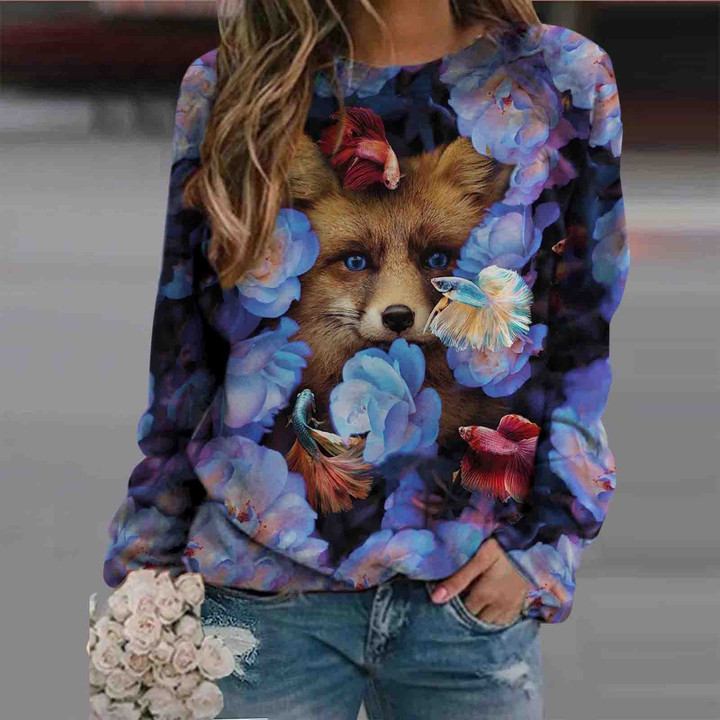 Fox In Floral 3d Print Hoody Women Fashion Hoodie Oversize Loose Sweatshirt Crewneck Pullover Female Autumn Winter Top Moletom