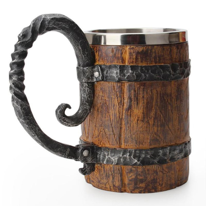Viking Wood Style Beer Mug Simulation Wooden Barrel Beer Cup Double Wall Drinking Mug Metal Insulated Bar