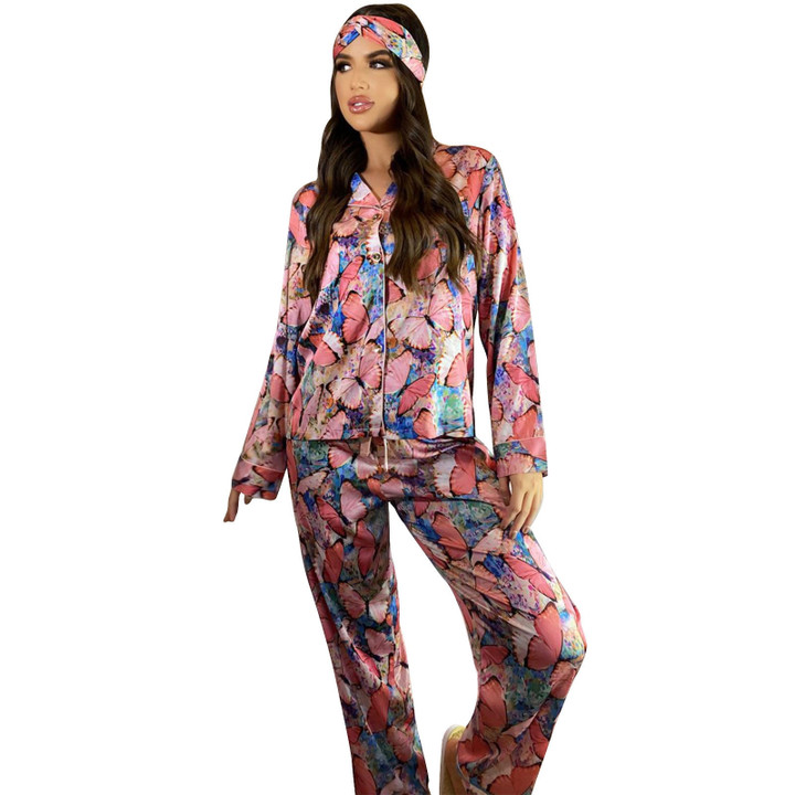3 PCS Pajamas Set Women Butterfly Print Satin Silk Pyjamas Sexy Long Sleeve Shirt Pants How Suit Lingerie Sleepwear