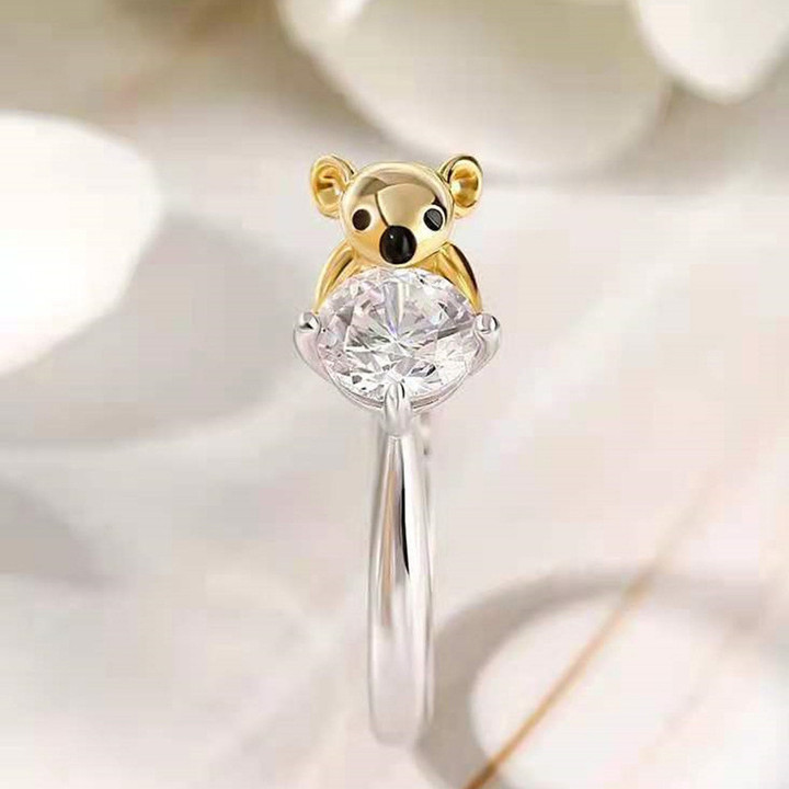 Cute Koala Two-color Inlaid Zircon Open Ring For Women Girls Luxury Personality Trend All-match Jewelry