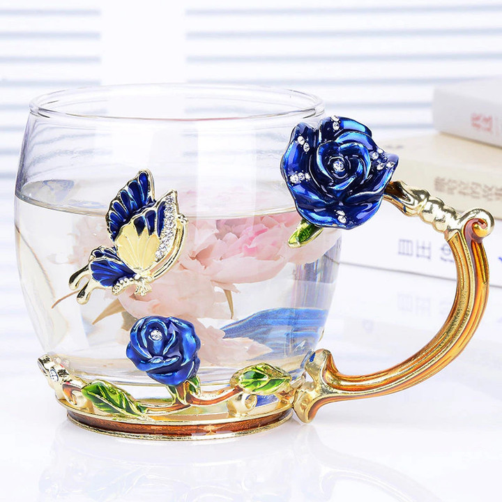 Butterfly Rose Painted Flower Water Cups Clear Glass with Spoon Set