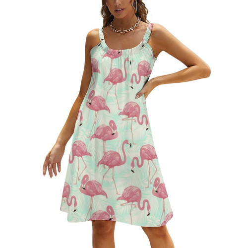 Flamingo Flower Print Dress Bright Green Leaf Cute Dresses Summer Simple Oversize A Line Sundress Woman Pattern Clothing