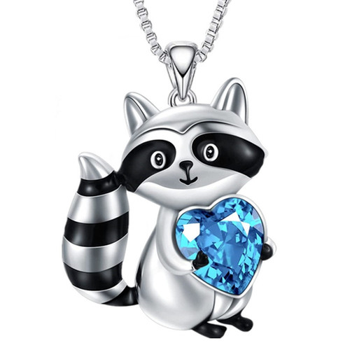 Fashion Lovely Raccoon Necklace Animal Raccoon Jewelry Blue Crystal Love Pendant Necklaces for Women Birthday Anniversary Gift